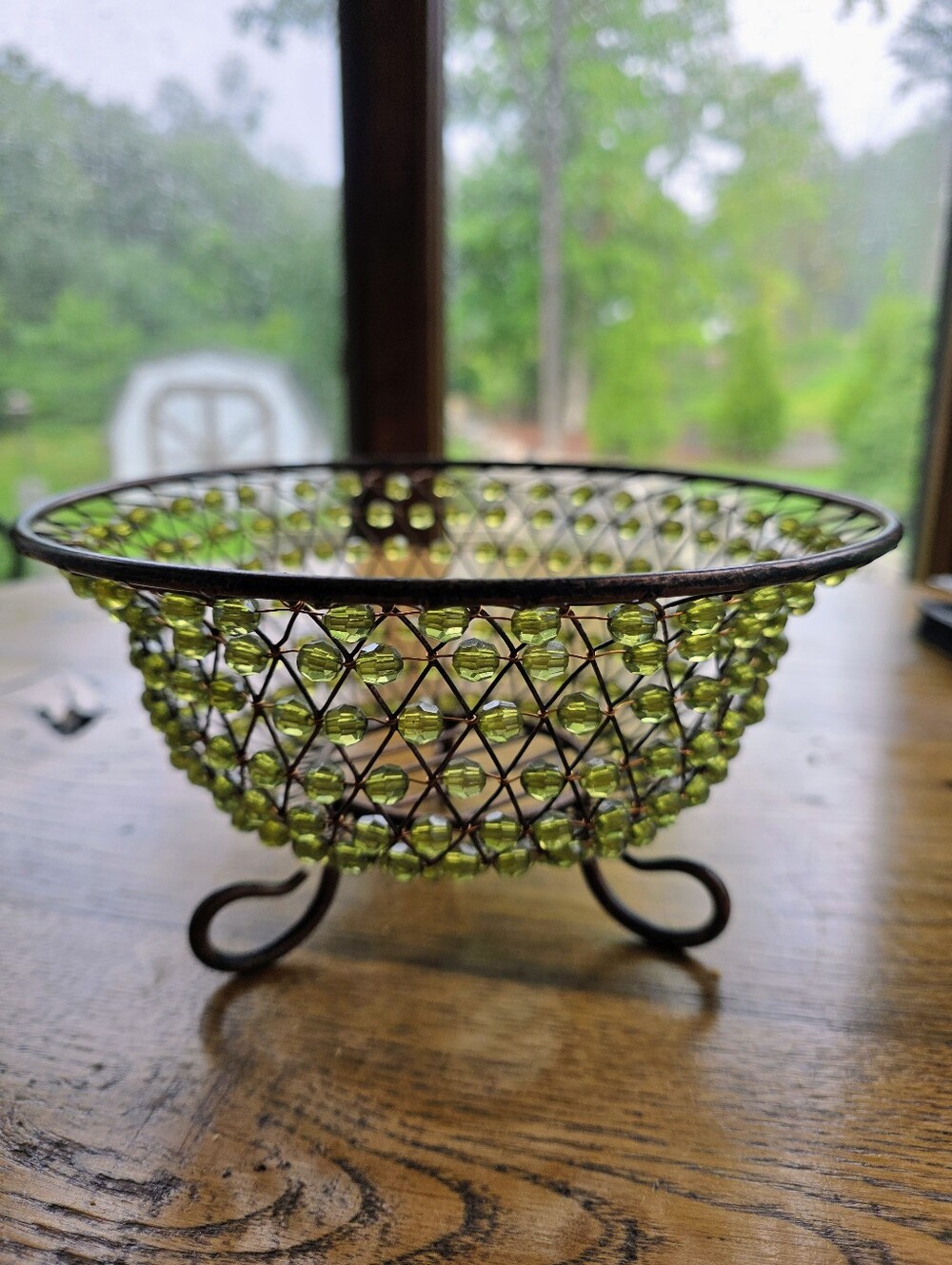 Green Beaded Wire Decorative Bowl 8" X 4.5"